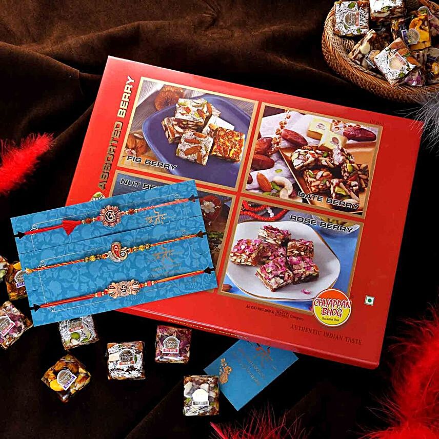 Set of 3 Om N Ganesha Rakhis With Assorted Berry Bites:Deliver Rakhi Sets to Ireland