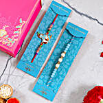Sea Blue Pearl And Bal Krishna Rakhi Set With 2 Pcs Of Kitkat