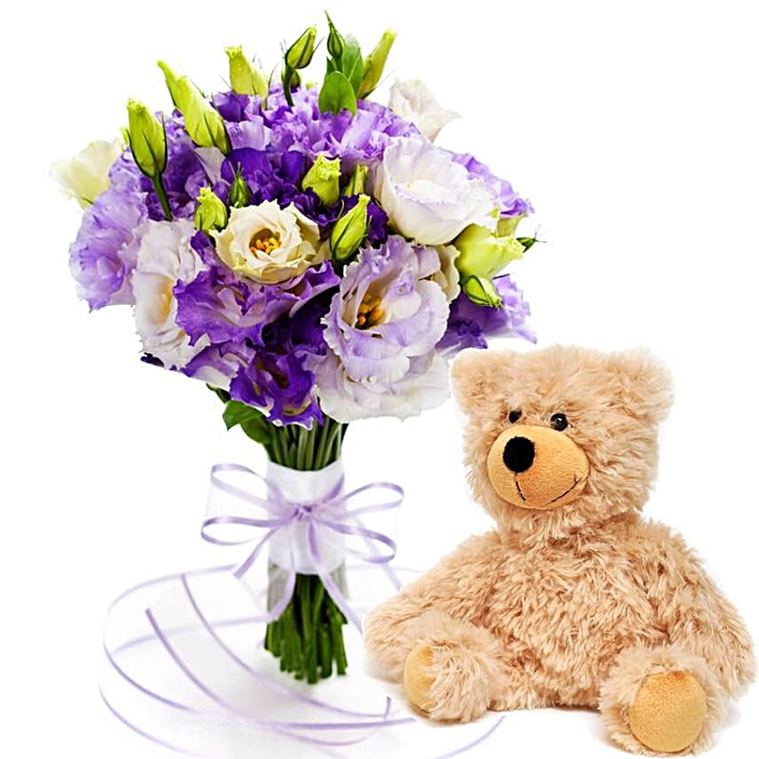 Blue Flowers Bunch And Teddy Bear