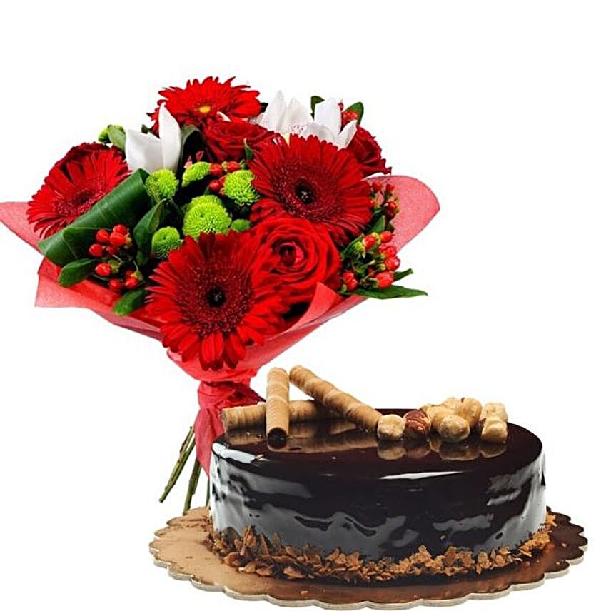 Mixed Red Flowers Bunch And Chocolate Cake
