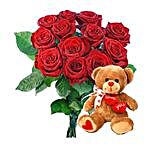 Romantic Red Roses Bouquet And Teddy