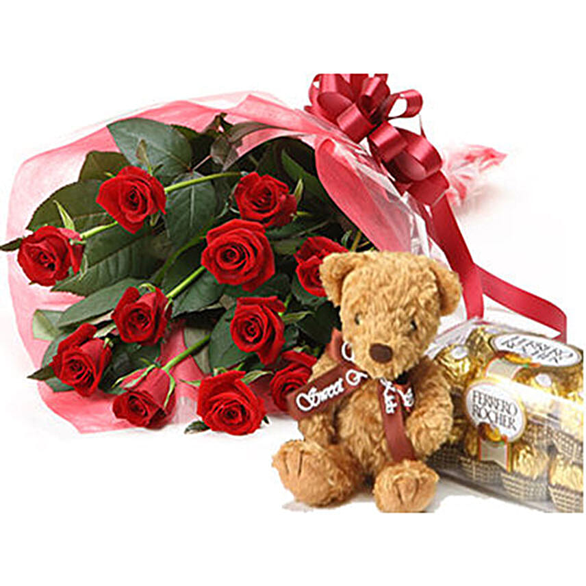 Red Rose Bunch With Teddy And Chocolates