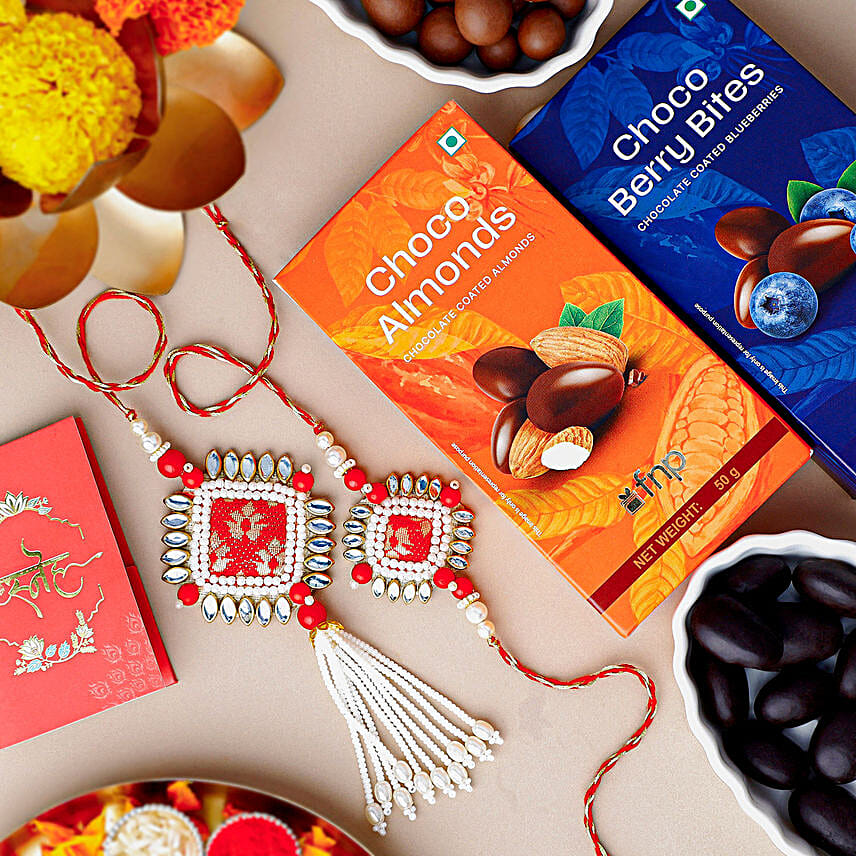 Bandhani Bhaiya Bhabhi Rakhi Set with Chocolate Coated Almonds and Blueberries Gift Set