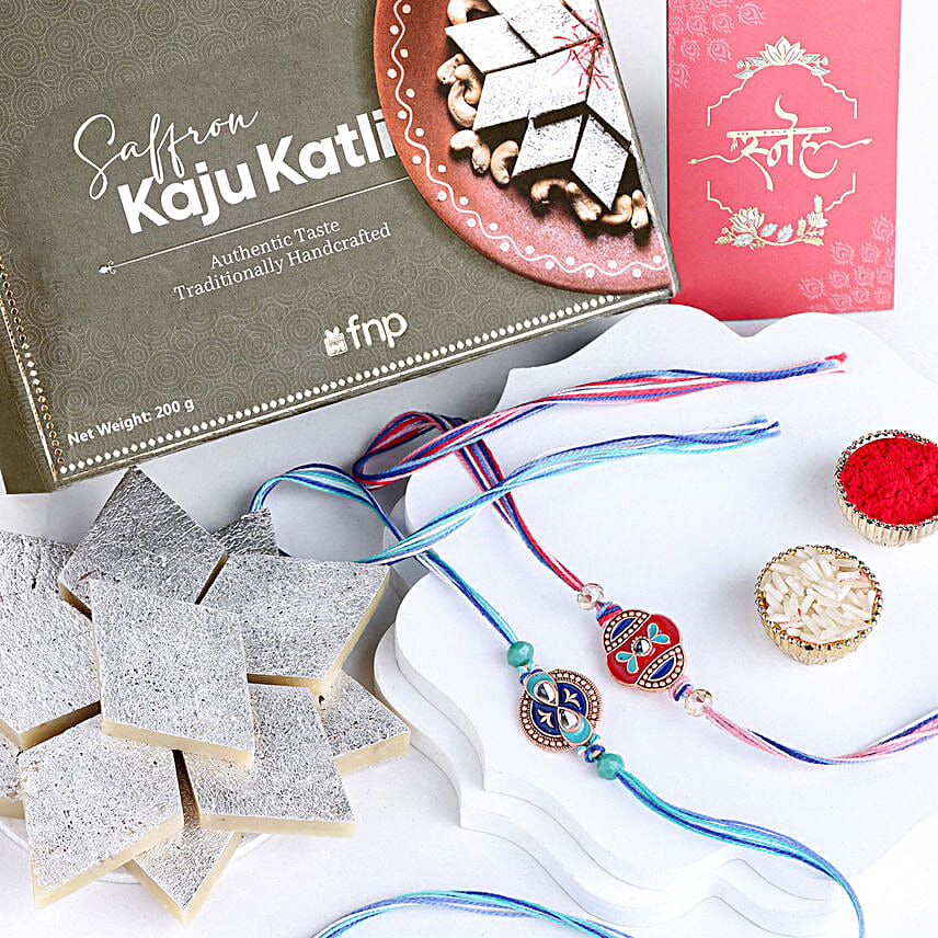 Cultural Charm Ethnic Rakhi Set of 2 N Kesar Kaju Katli Goodness