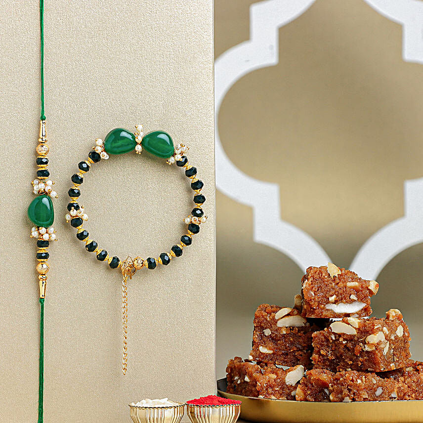 Enchanted Stone Work Lumba Pearl Rakhi Set with Dodha Barfi Combo