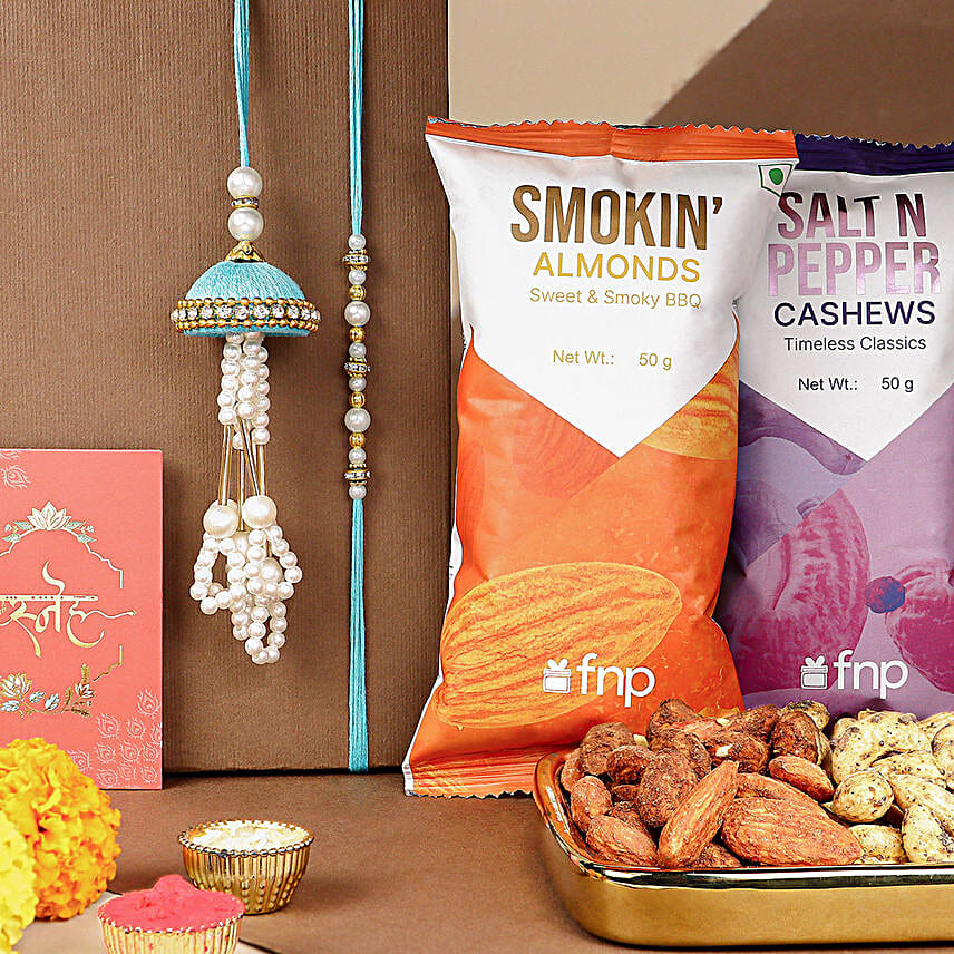 Jhumar Bhaiya Bhabhi Pearl Rakhi Set N Nuts Combo