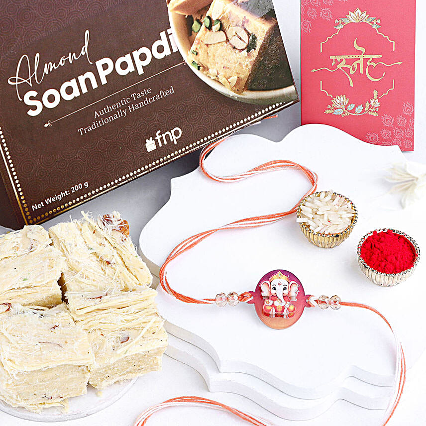 Sculpted Ganesha 3D Rakhi N Almond Soan Papdi