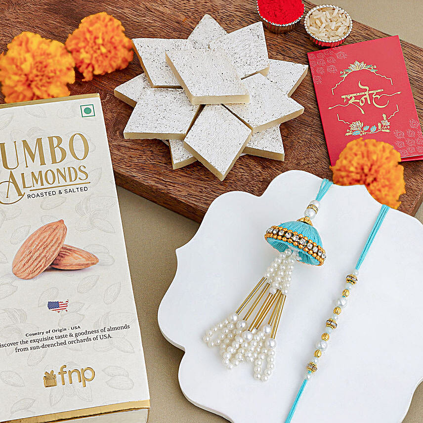 Tranquil Teal Jhumar Bhaiya Bhabhi Pearl Rakhi Set N Gourmet