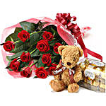 Red Rose Bunch With Teddy And Chocolates
