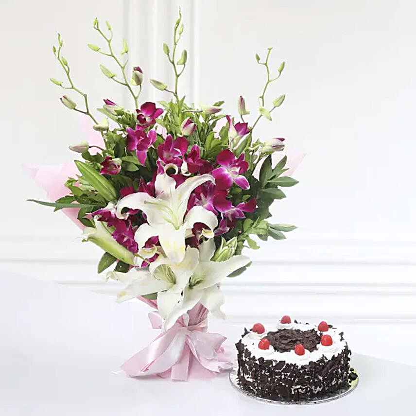 Orchid Lily Bunch And Cake