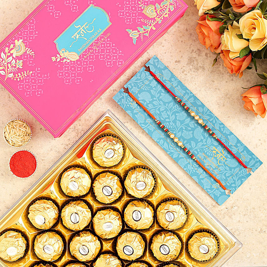 Pearl Mauli Rakhi Set And 16 Pcs Ferrero Rocher:Set Of 2 Rakhi Delivery in Kuwait
