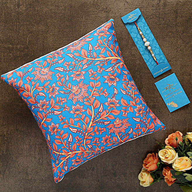 White Pearl Rakhi And Floral Print Cushion kuwait Gift White Pearl Rakhi And Floral Print