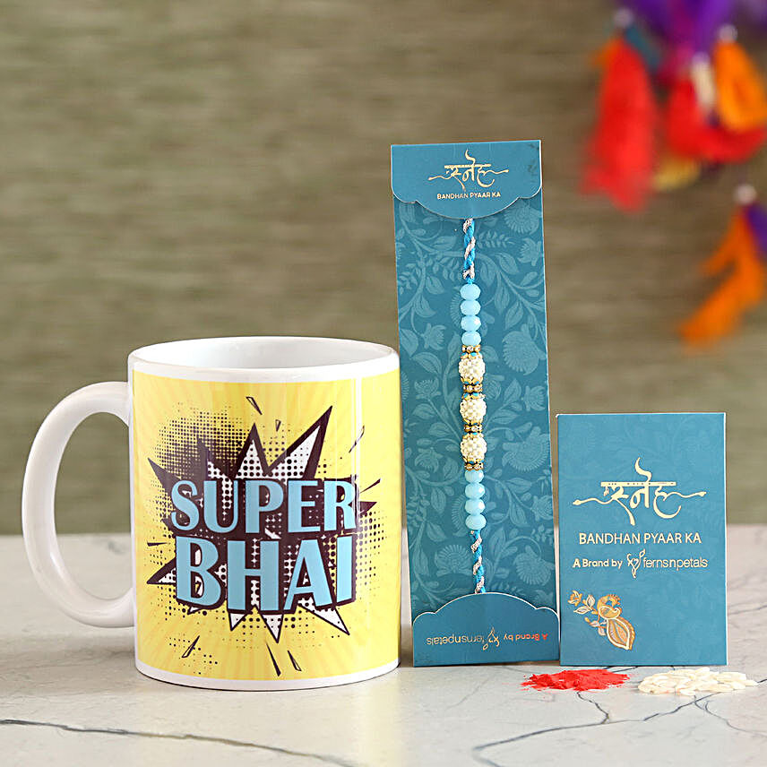 Sea Blue Pearl Rakhi And Super Bhai Mug Combo