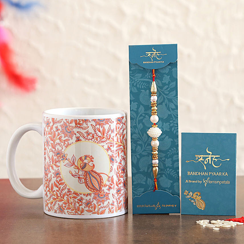White Pearl Rakhi And Printed Mug Combo