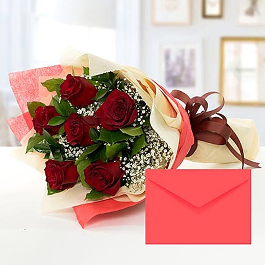 6 Red Roses Bouquet With Greeting Card KT