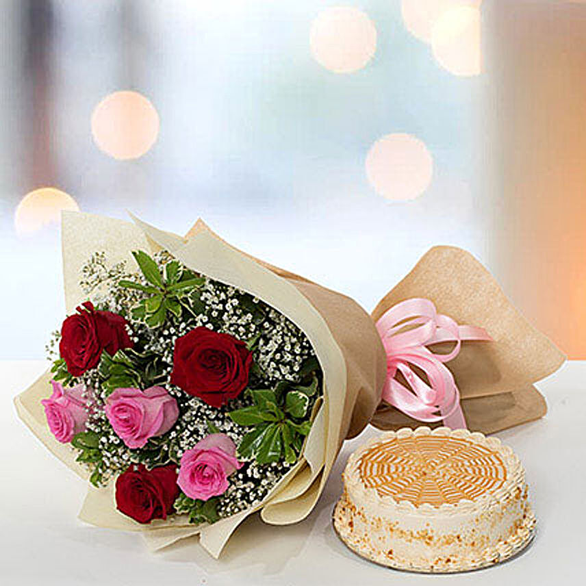 Delightful Roses Bouquet With Butterscotch Cake KT
