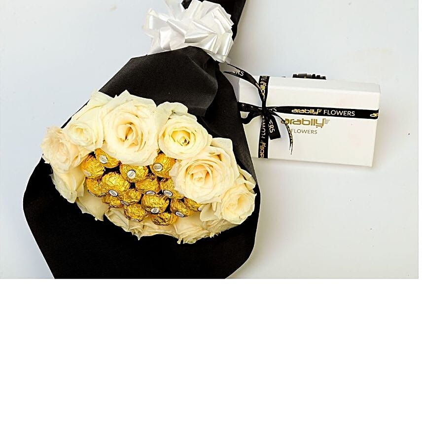 15 White Roses with Chocolates