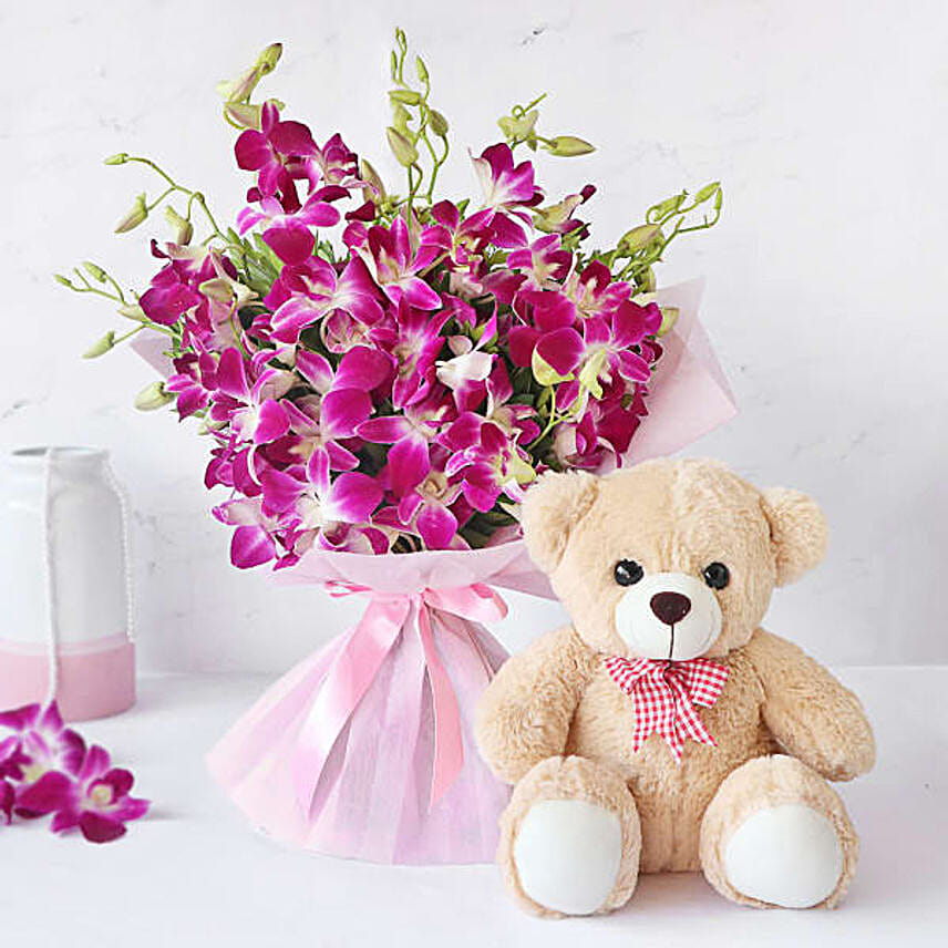Exquisite Orchids Bouquet With Cute Teddy Bear