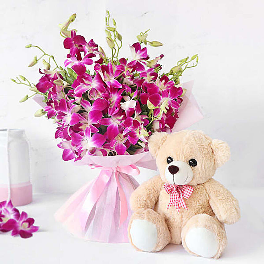 Exquisite Orchids Bouquet With Cute Teddy Bear