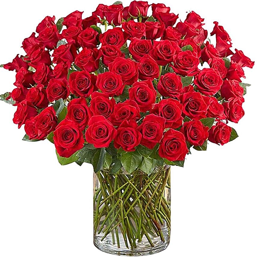 Ravishing 100 Red Roses In Glass Vase