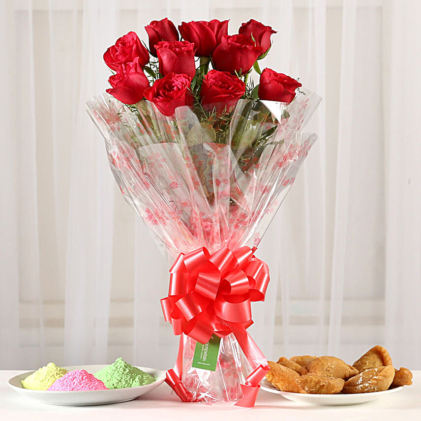 Classic Red Roses Bouquet with Gulal & Gujia