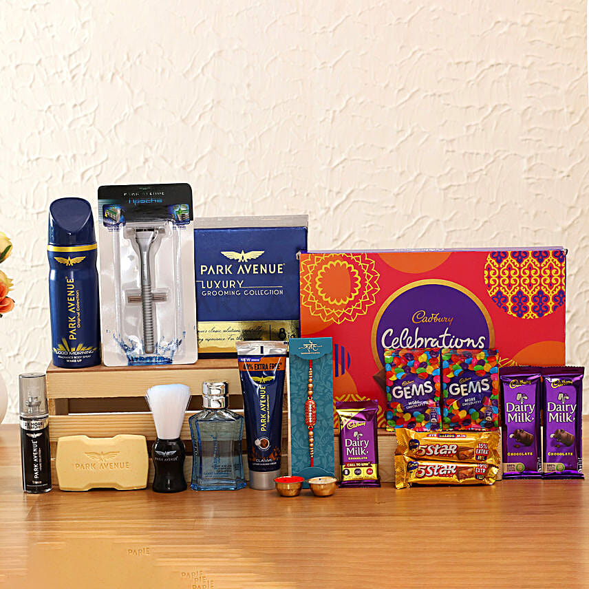 Beautiful Capsule Rakhi and Park Avenue Grooming Kit Hamper