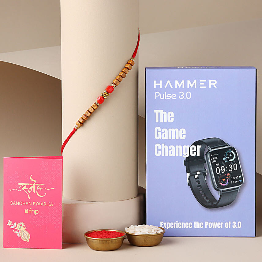 Sneh Wooden Beads Rakhi with Hammer Pulse Smartwatch