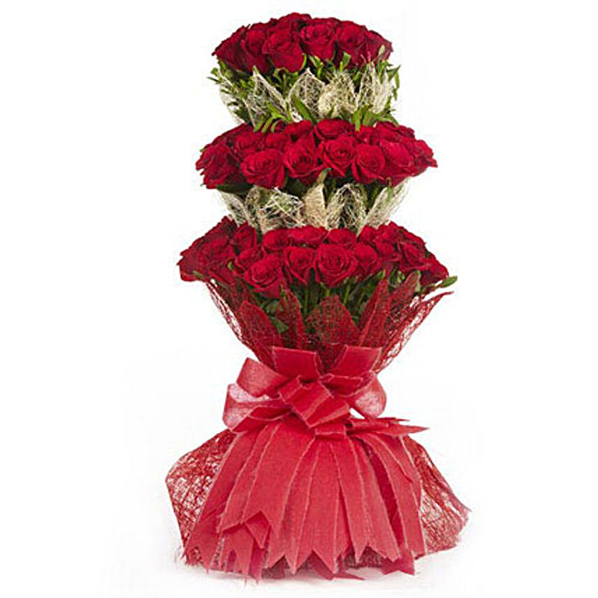 Indulge Her - 3 Layer 100 red roses bouquet with jute packing.:Send Designer Flower Bouquets