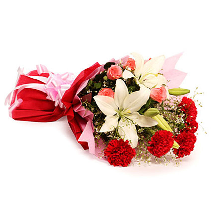 Bouquet of 2 asiatic lilies, 5 red carnations, 5 pink roses, and seasonal filler:Birthday Flowers for Him