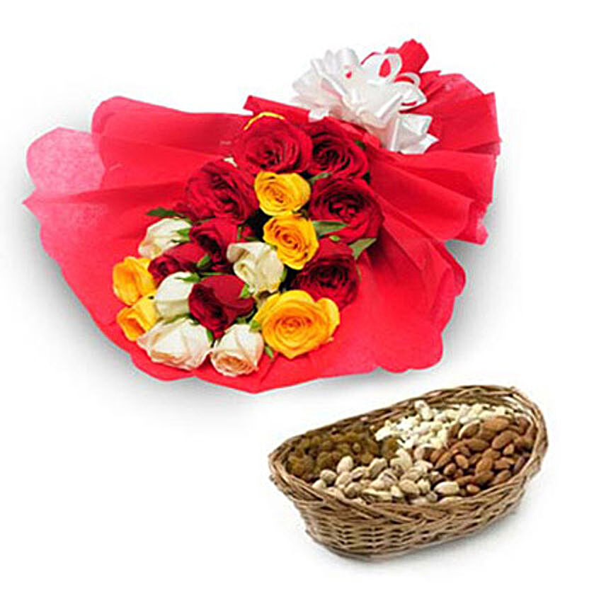 My Best Wishes - Bunch of 10 Red Roses, 5 Yellow Roses, 5  roses in red color paper packing and 500gm mixed dryfruits in a cane basket.:Premium Quality Dry Fruits