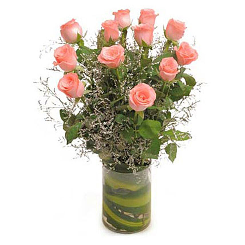12 Long Stem Roses In Glass Vase