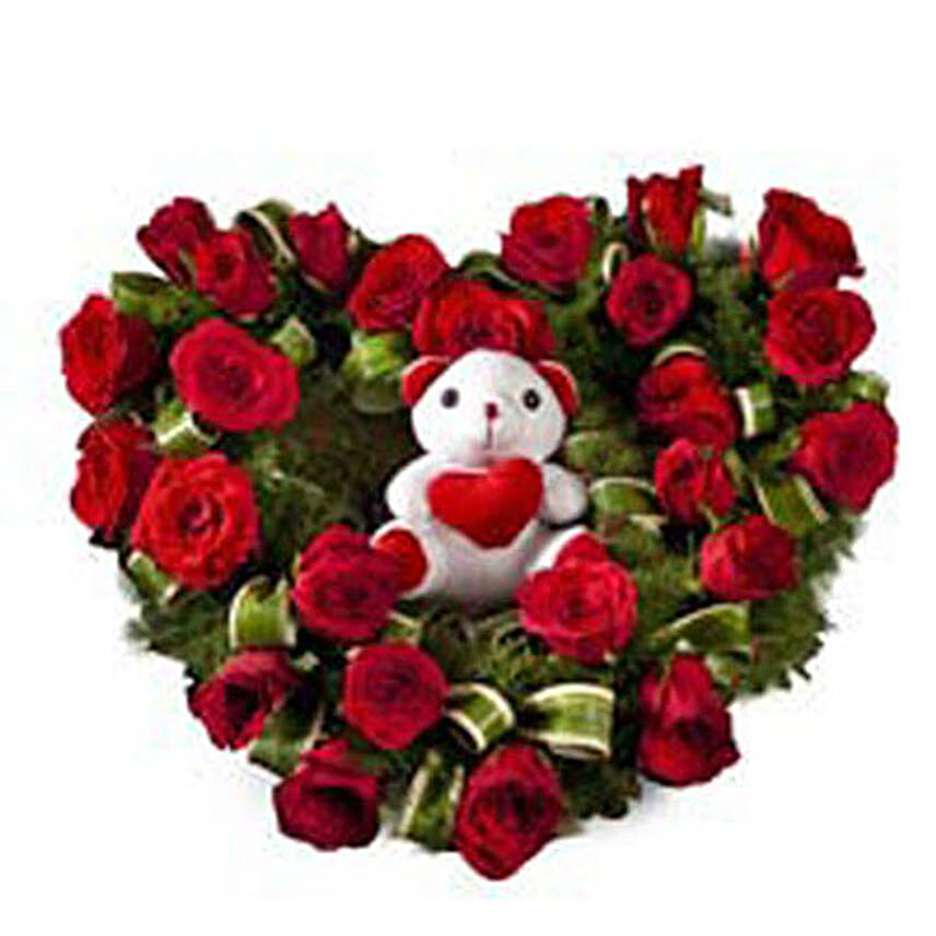 Radiant Rage - Heart shape arrangement with a cute white .:Heart Shaped Gifts