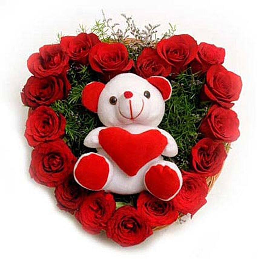 Roses N Soft toy - Heart shape arrangement of 17 Red Roses and a Soft toy.:Flowers & Teddy Bears