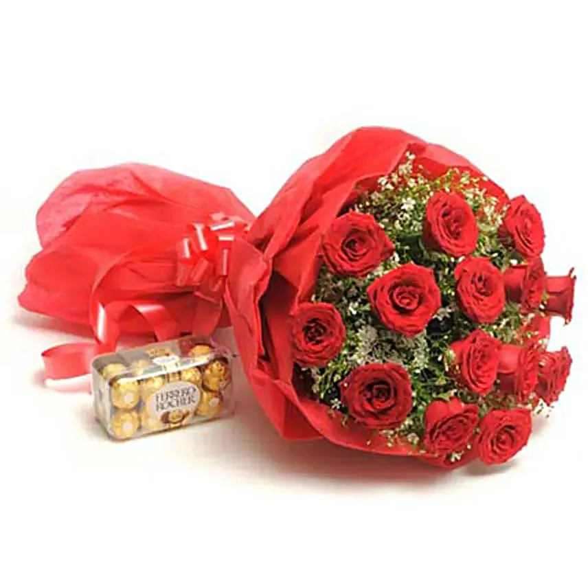 Sweet N Beautifyl - Bunch of 15 Red Roses paper packing with 200gm Ferrero rocher chocolate box.