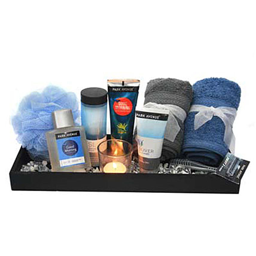 Time For Pampering Your Men-Park Avenues Good Morning 50 ml Shaving Cream,50 ml After Shave Lotion,50 ml Sliver Face Wash,Swift Tri-blade Razor,Sliver Shaving Brush,1 Loofah,2 hand towels,1 tea light candle