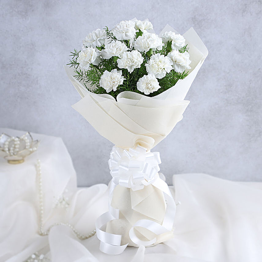 12 White Carnations - Bunch of 12 White Carnations in white paper packing.:Fresh White Flowers
