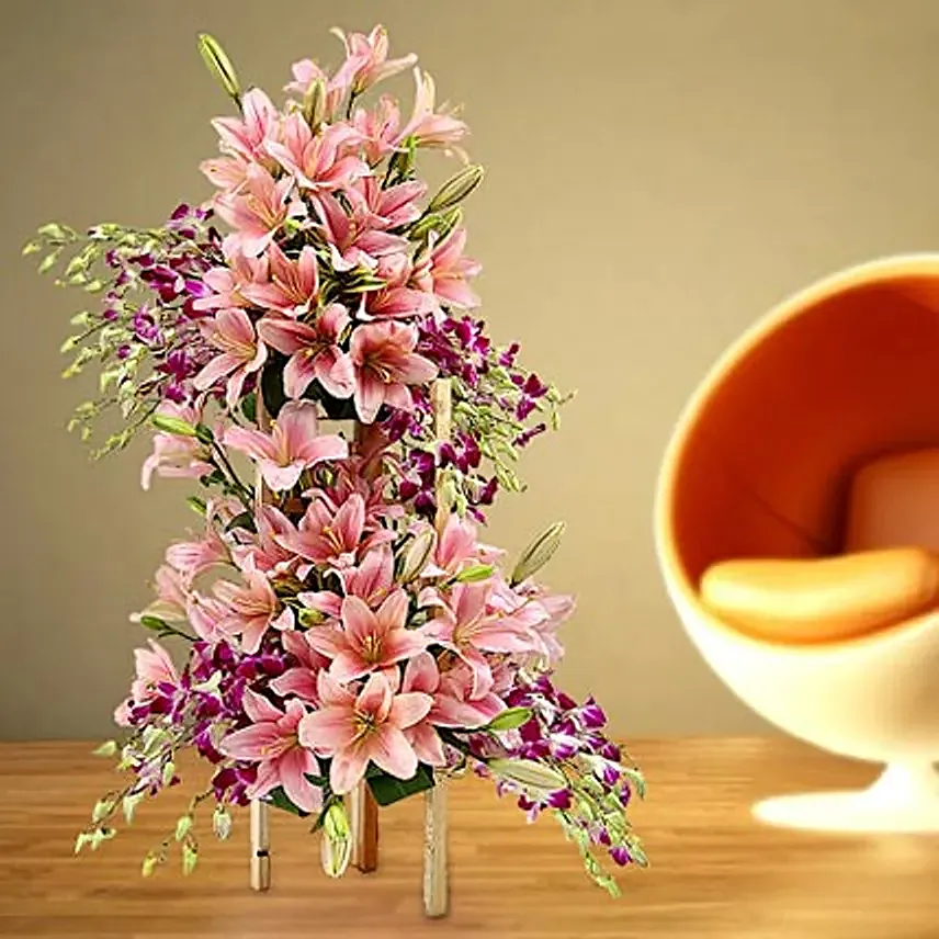 Pink Lilies & Purple Orchids Arrangement