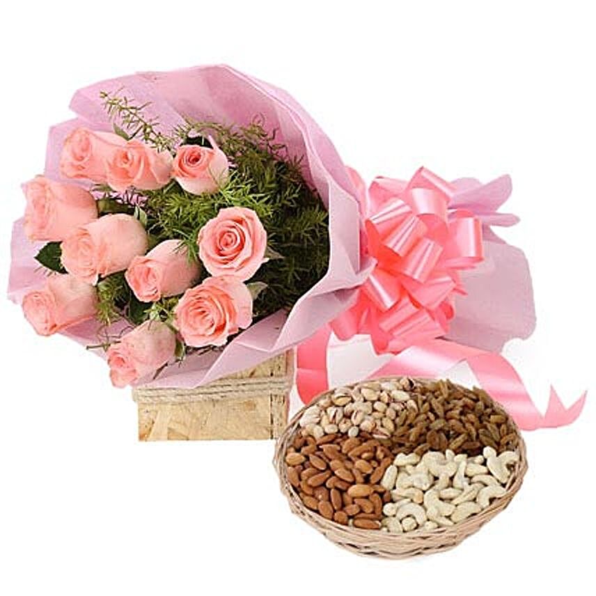 Mix dry fruits with flower bouquet:Flowers & Dry Fruits