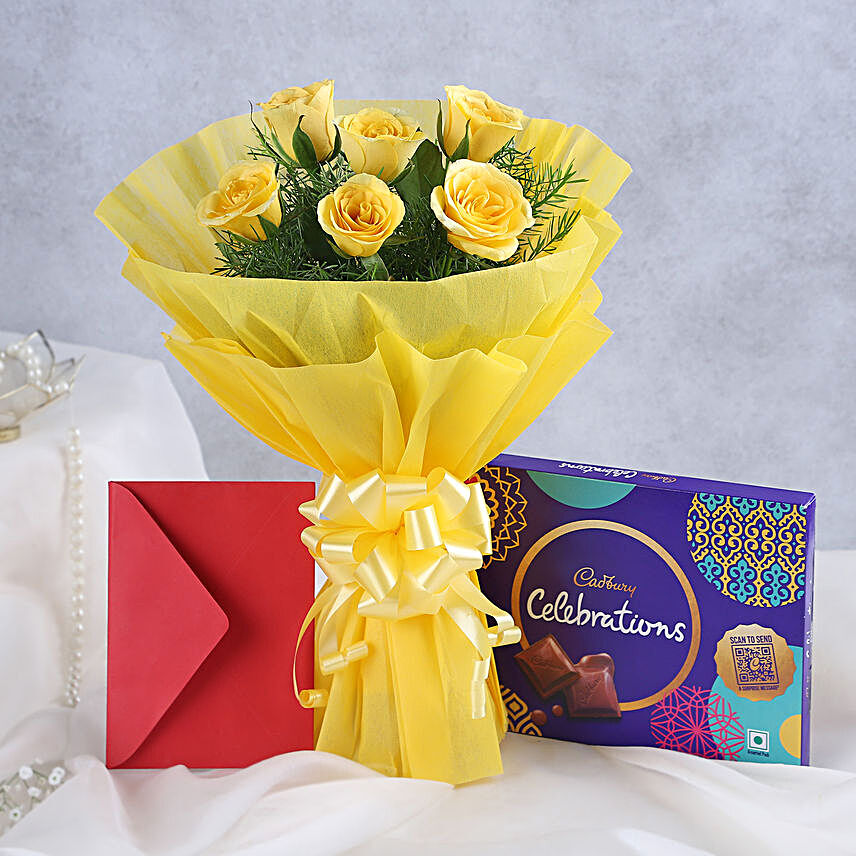 Flower Hamper N Greeting Card - Bunch of 6 Yellow Roses, 119gms Celebration Pack with Greeting Card.:Valentines Day Flowers & Cards