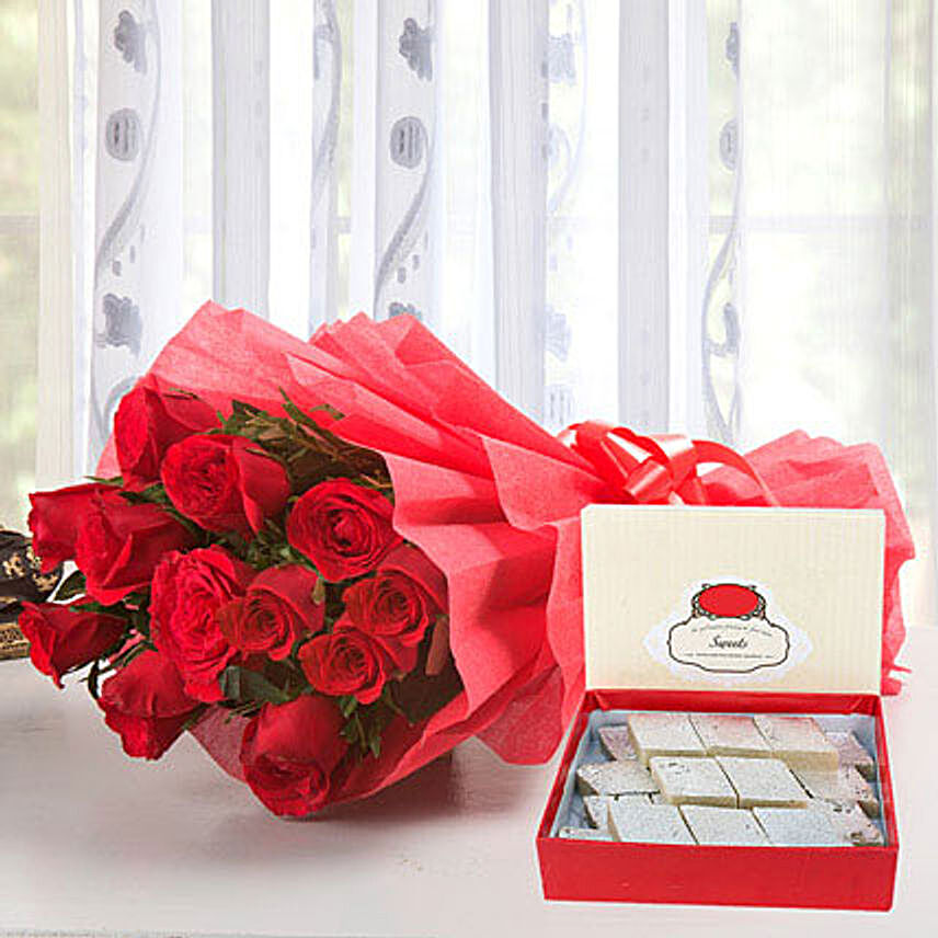 N Roses - Bunch of 12 Red Roses packing, 500gms Kaju Katli.:Buy Flowers Combo