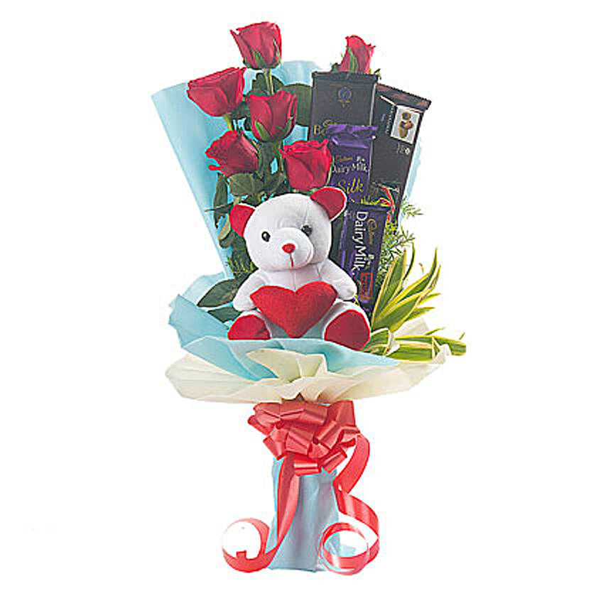 Roses, Teddy Bear & Chocolates Bouquet