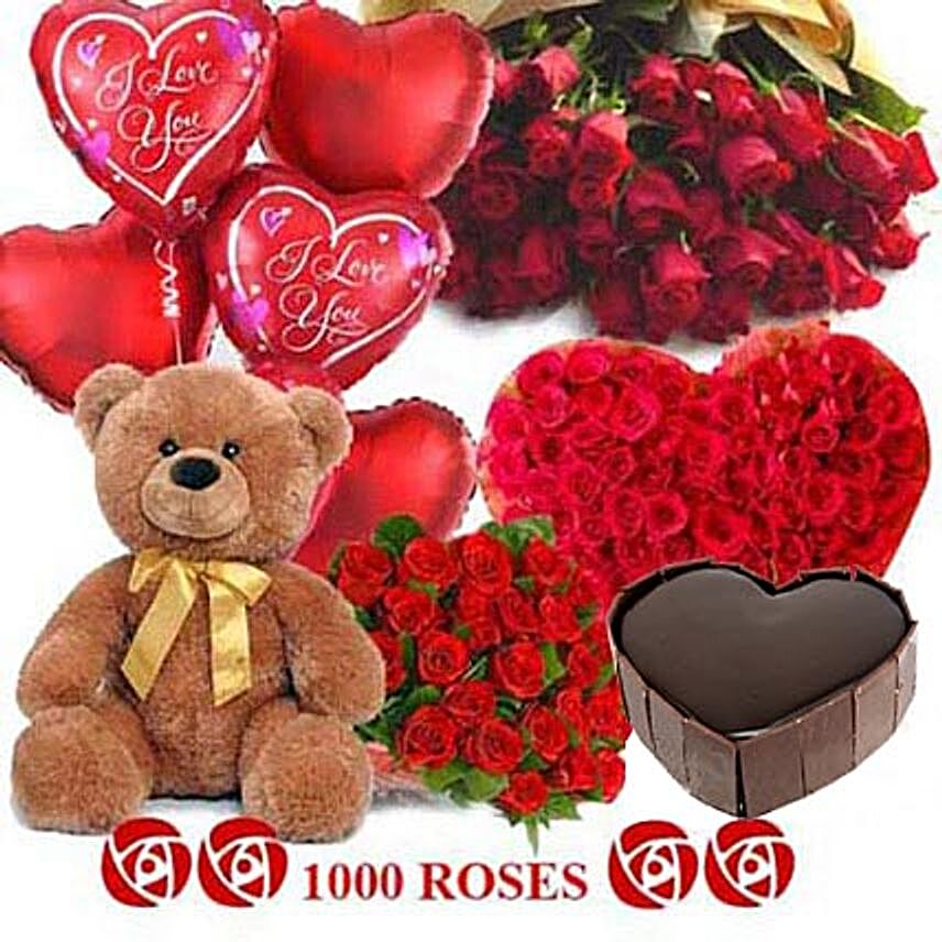Crazy in Love - Grand hamper with 1000 red roses, 1kg Five star bakery chocolate cake, Big archies n heart shaped balloons.:Send Flowers to Mirzapur