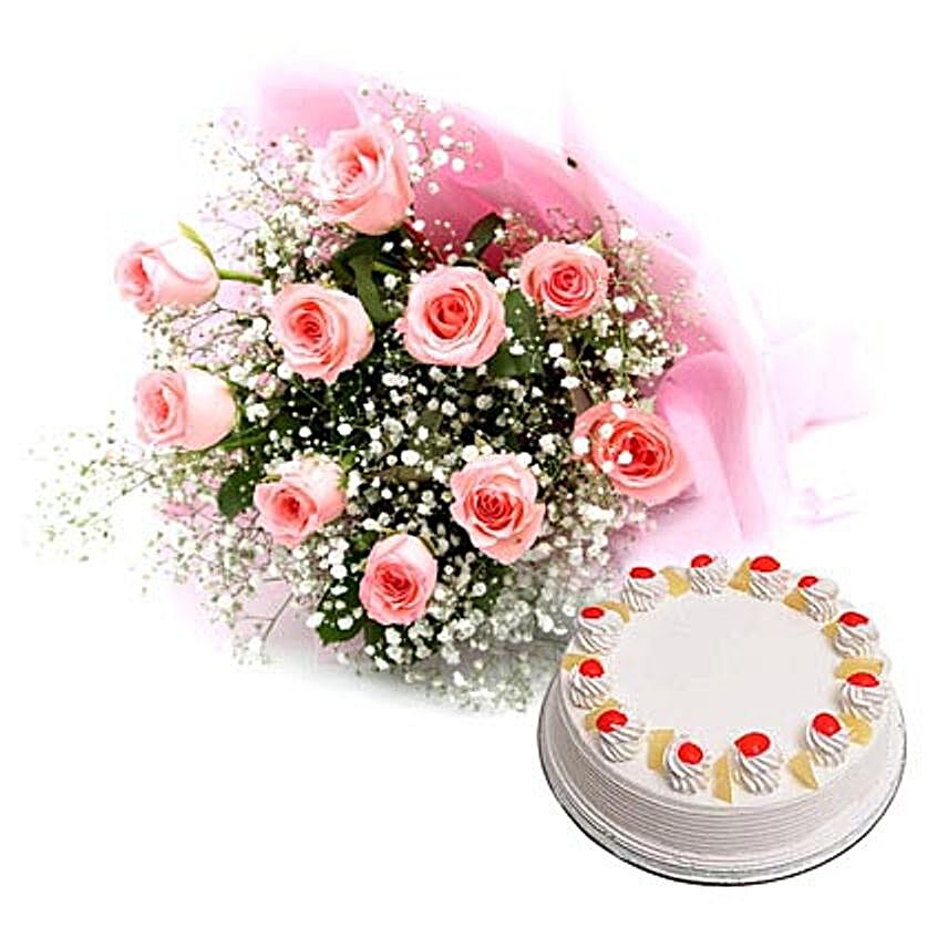 Flower & Cake Hamper - Bouquet of 10 pink roses in paper packing and 500grams of pineapple cake.