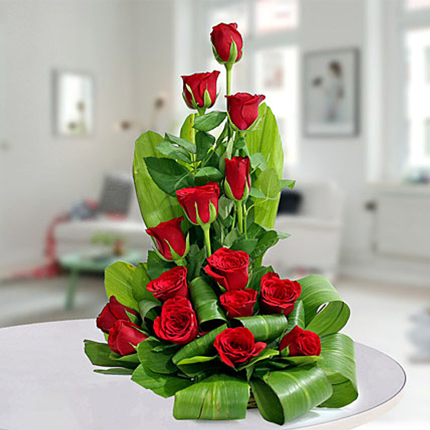 Expression of Romance - Basket arrangement of 15 red roses.:Valentine Midnight Delivery Gifts
