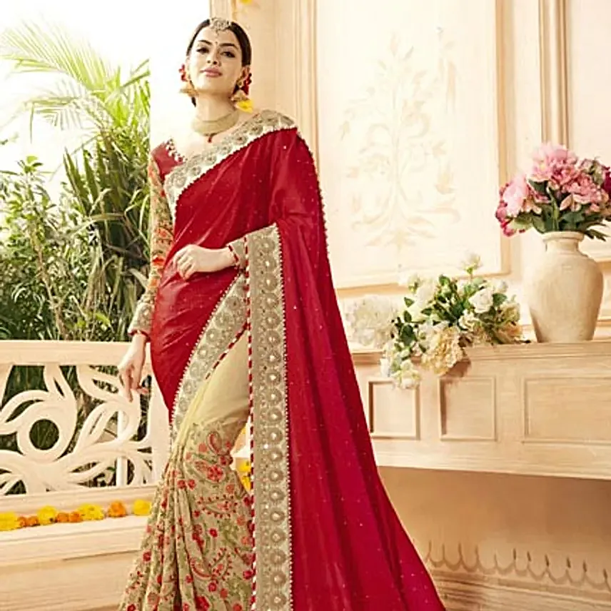 Beige Faux Georgette Embroidered Wedding Saree