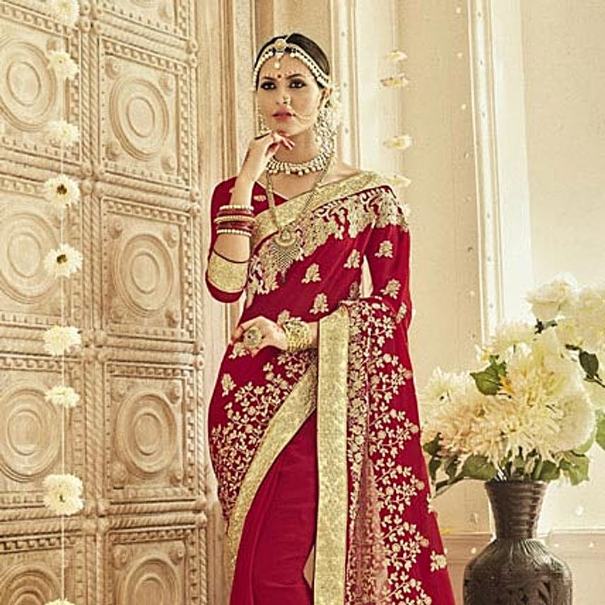 Fancy Embroidered Red Saree