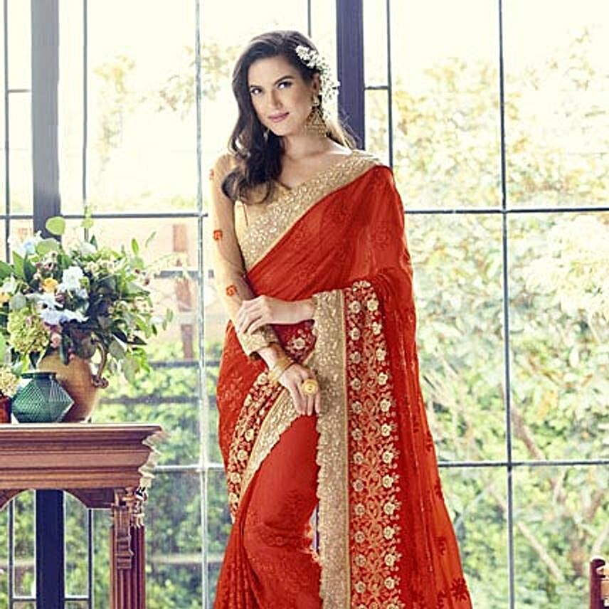 Golden Embroidered Red Saree