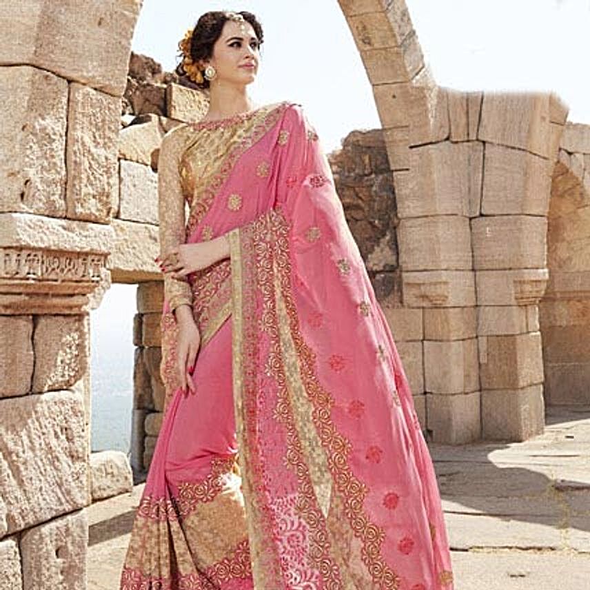 Pink and Beige Embroidered Festive Wear Saree