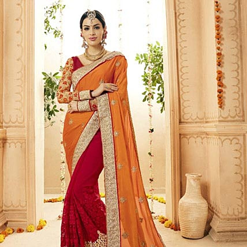 Red Satin and Faux Georgette Wedding Embroidered Saree