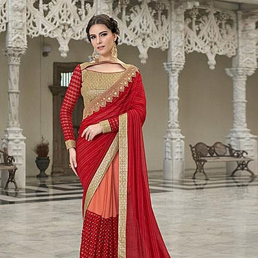 Red Embroidered Chiffon Georgette Net Partywear Saree